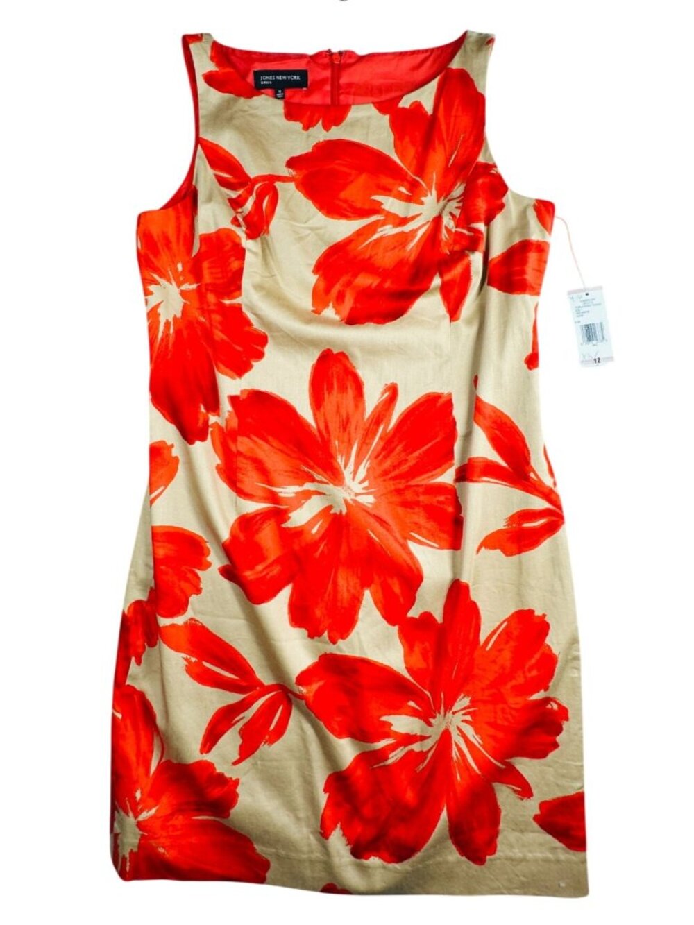 Jones New York Dress Women’s Size 12 Floral Beige Orange Sleeveless Lined Sheath